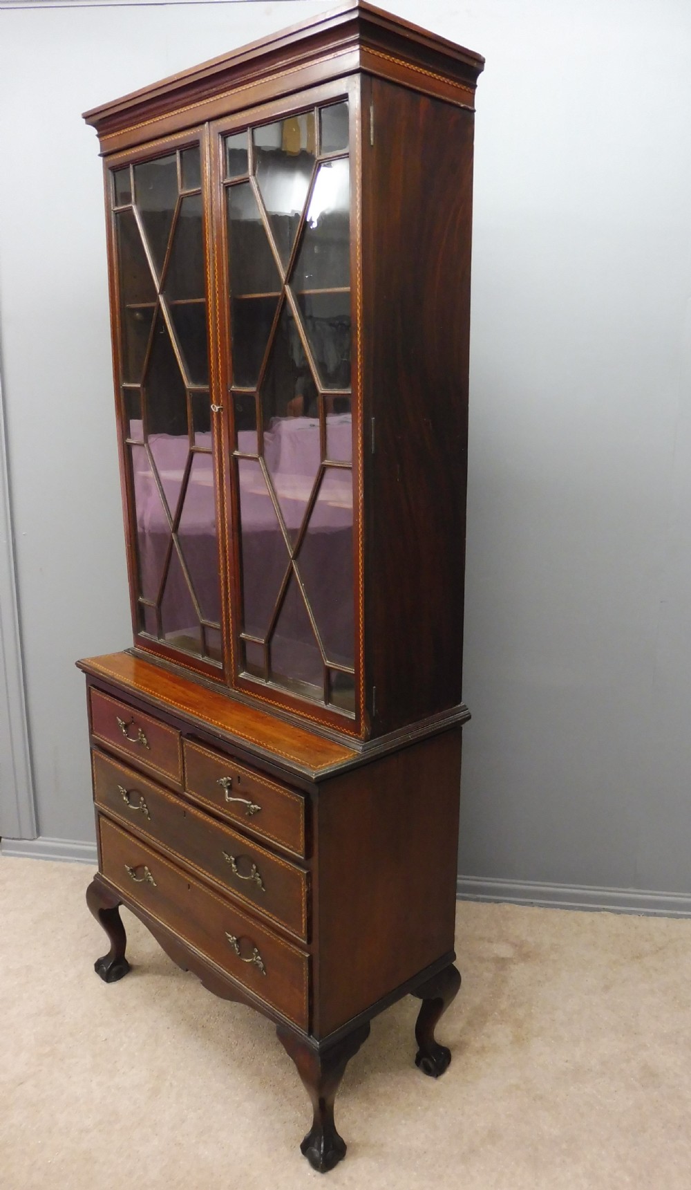 EDWARDIAN MAHOGANY INLAID BOOKCASE ON CHEST View VII