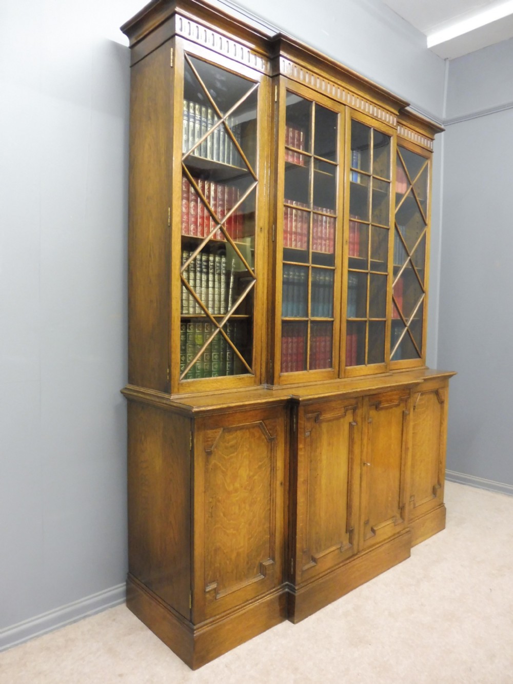OAK BREAKFRONT LIBRARY BOOKCASE View II