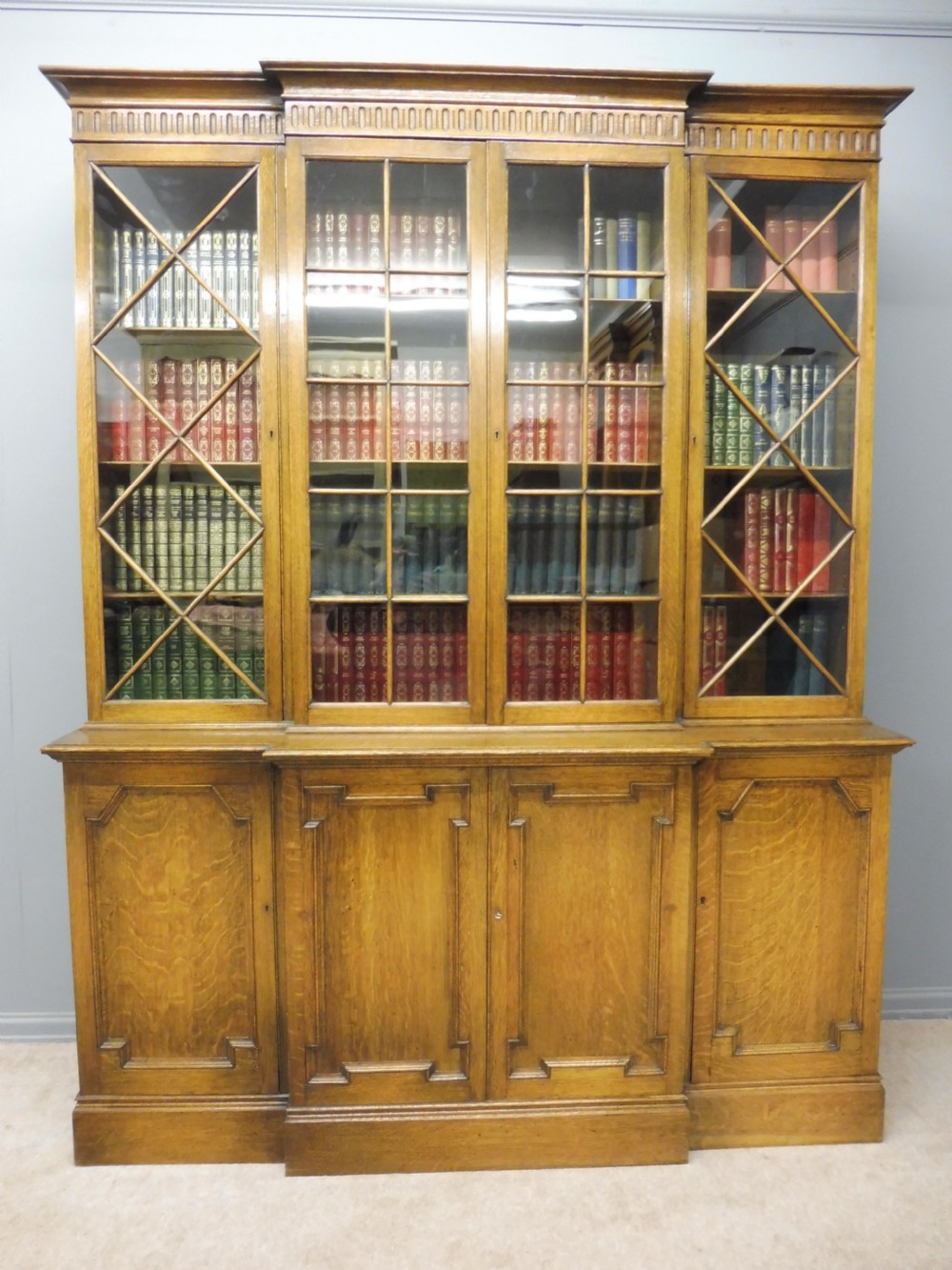 OAK BREAKFRONT LIBRARY BOOKCASE View III