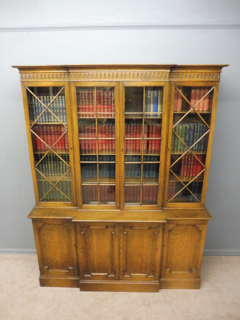 OAK BREAKFRONT LIBRARY BOOKCASE View X