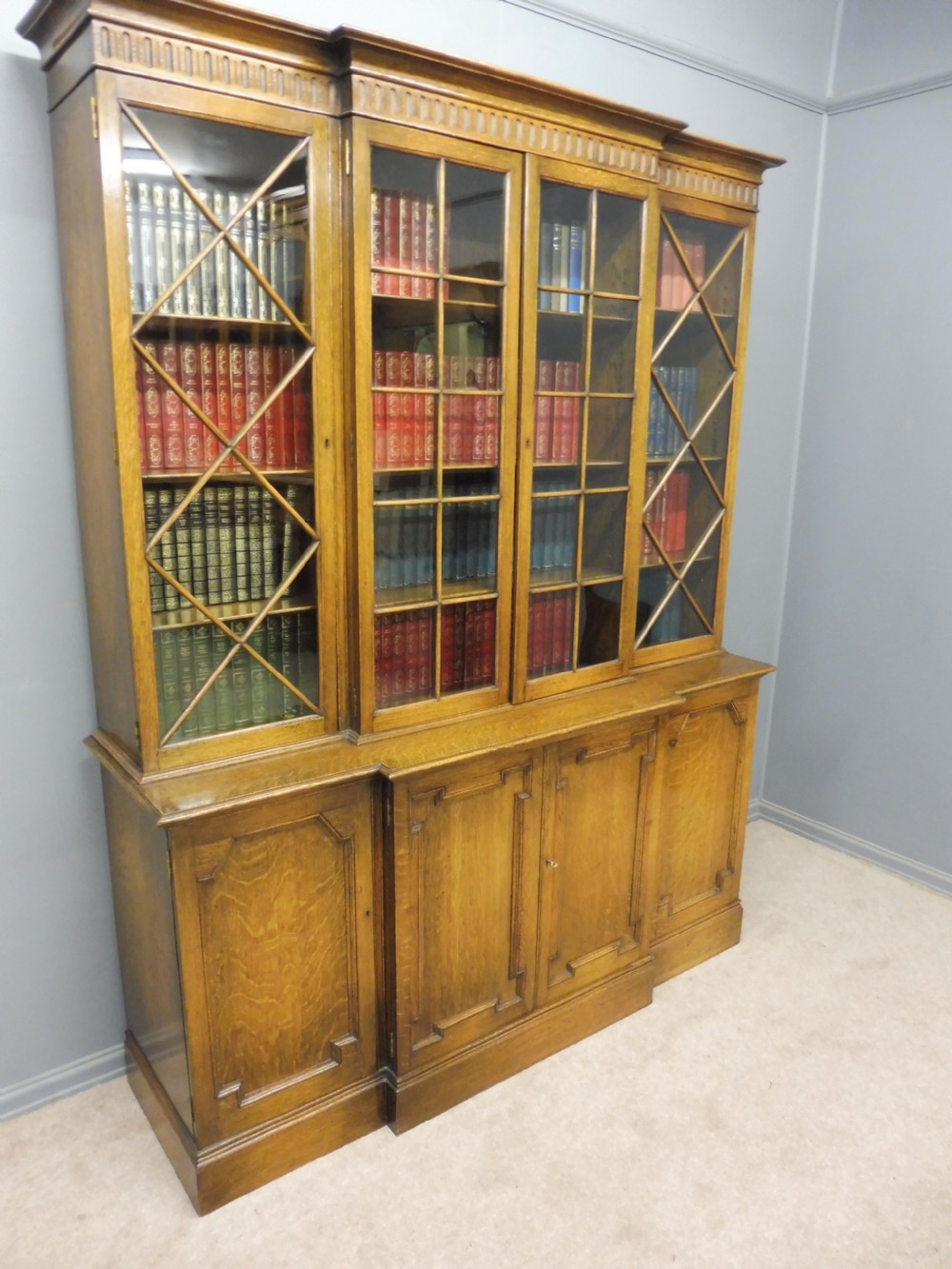 OAK BREAKFRONT LIBRARY BOOKCASE View XI