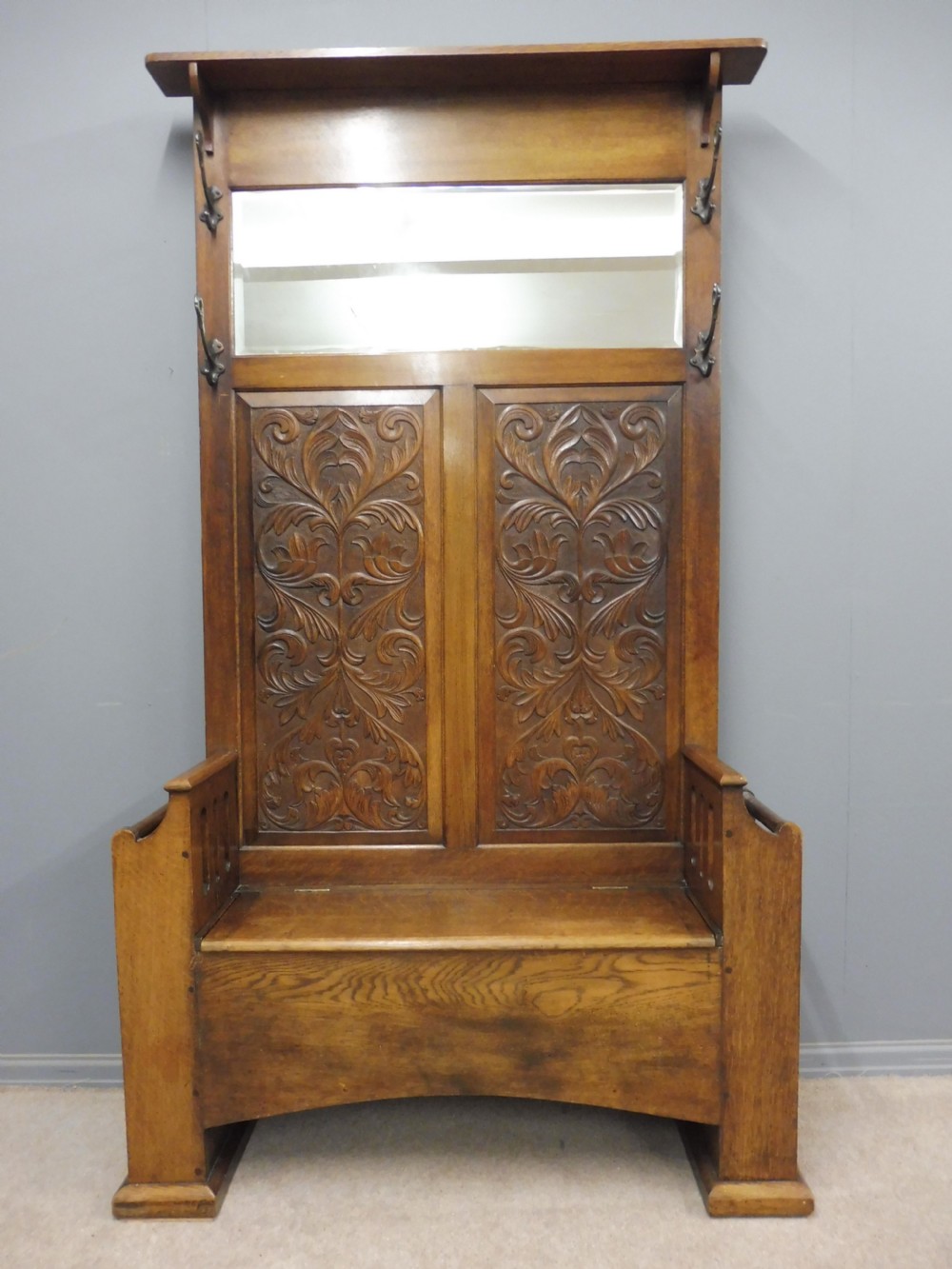 EDWARDIAN OAK BOX SEAT HALLSTAND View II