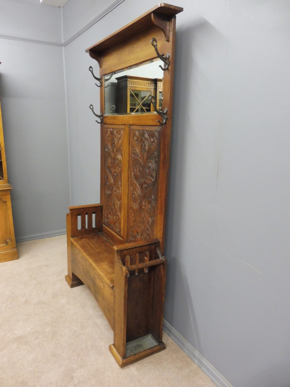 EDWARDIAN OAK BOX SEAT HALLSTAND View VI