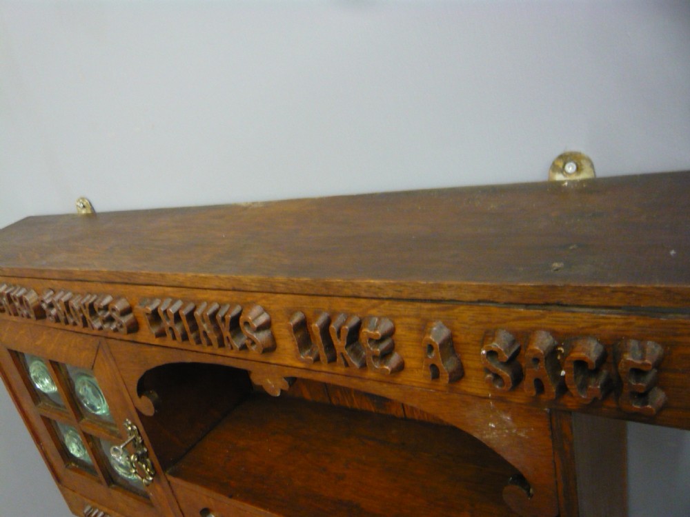 ARTS AND CRAFTS CARVED OAK GLAZED WALL CABINET 1910 View VI