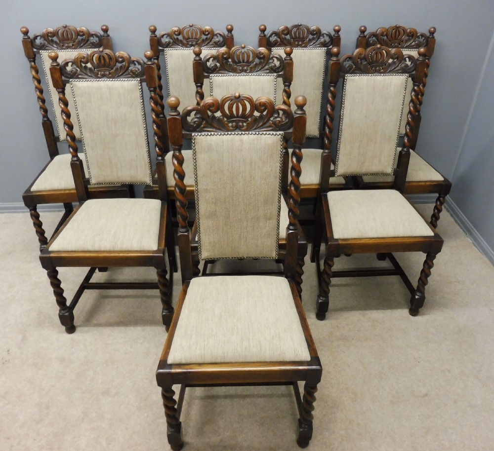 SET OF 8 OAK EDWARDIAN PERIOD CROWN TOP DINING CHAIRS 