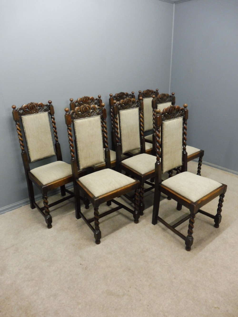 SET OF 8 OAK EDWARDIAN PERIOD CROWN TOP DINING CHAIRS  View III