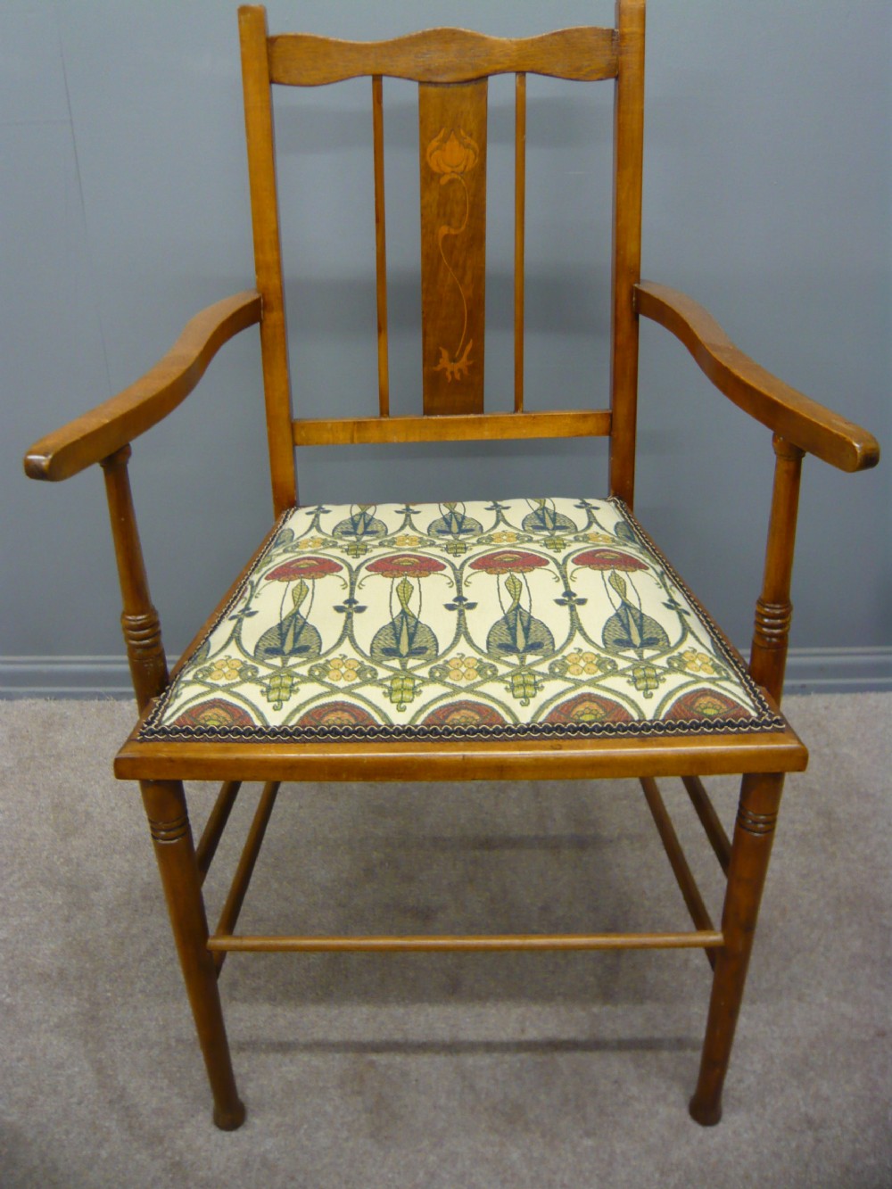 STYLISH ARTS AND CRAFTS SATINWOOD INLAID ELBOW DESK CHAIR C 1890 View II