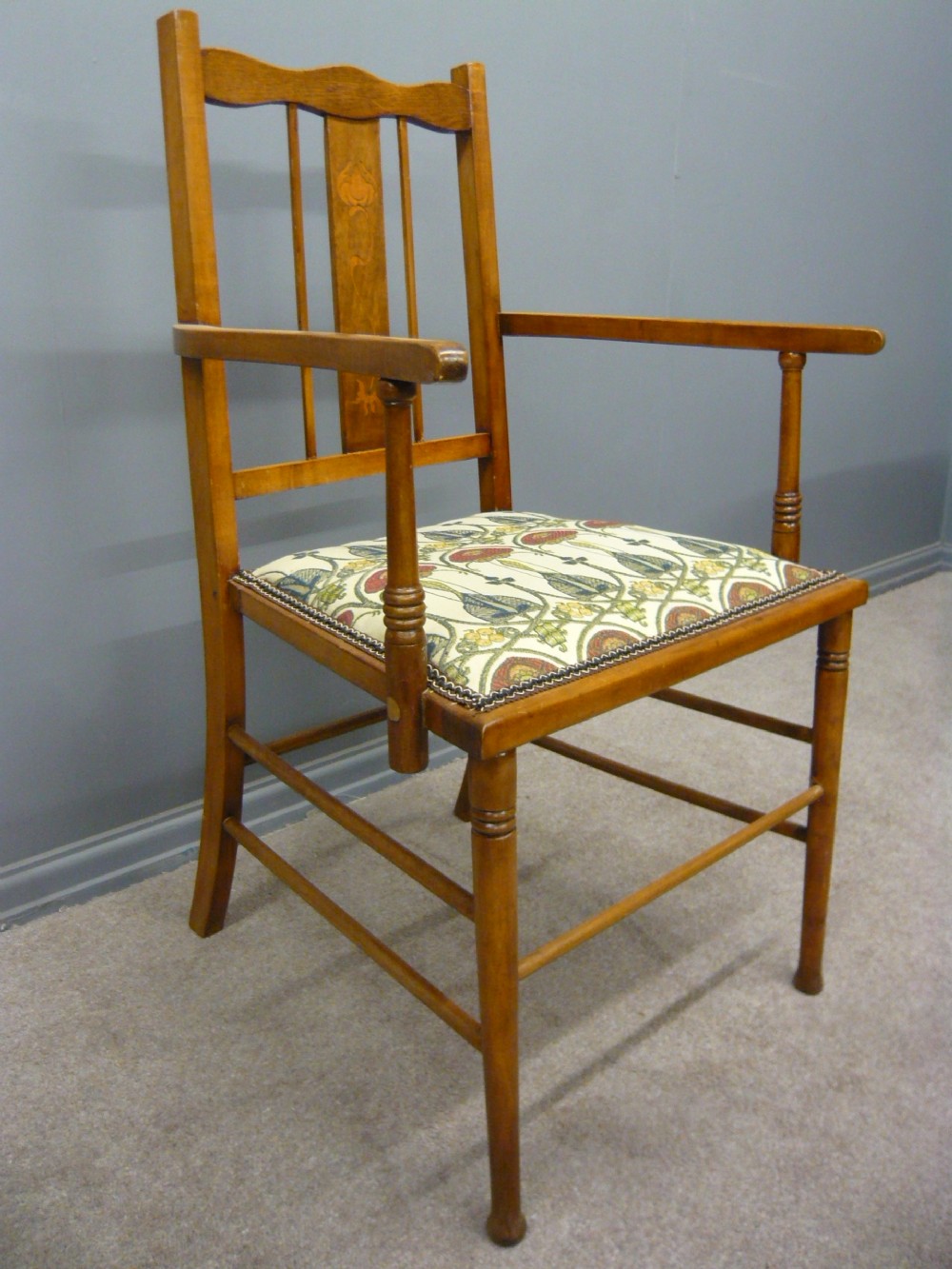 STYLISH ARTS AND CRAFTS SATINWOOD INLAID ELBOW DESK CHAIR C 1890 View III