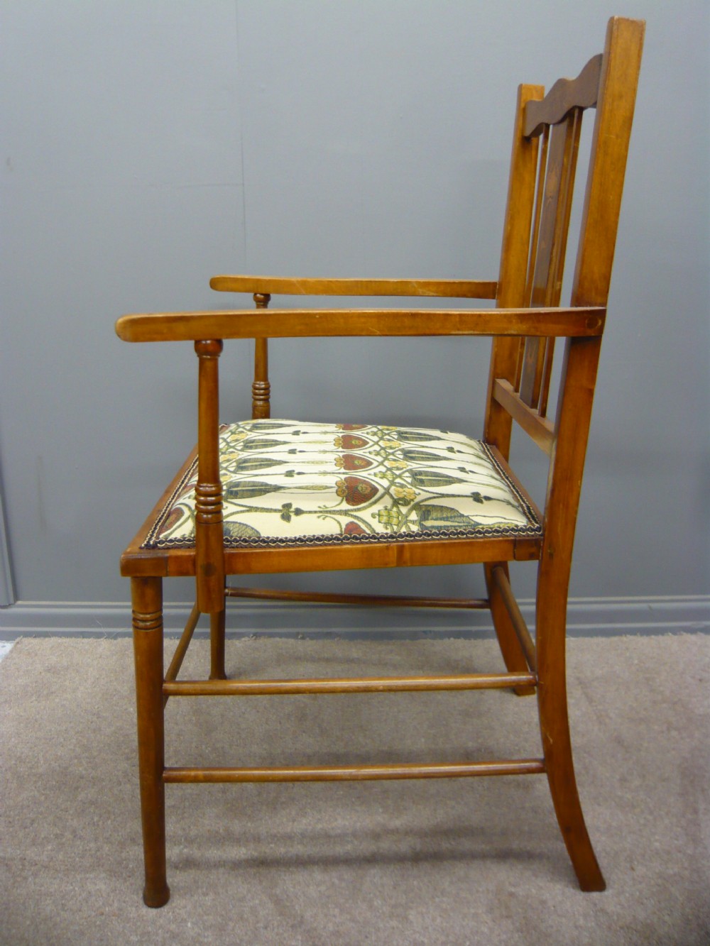 STYLISH ARTS AND CRAFTS SATINWOOD INLAID ELBOW DESK CHAIR C 1890 View V