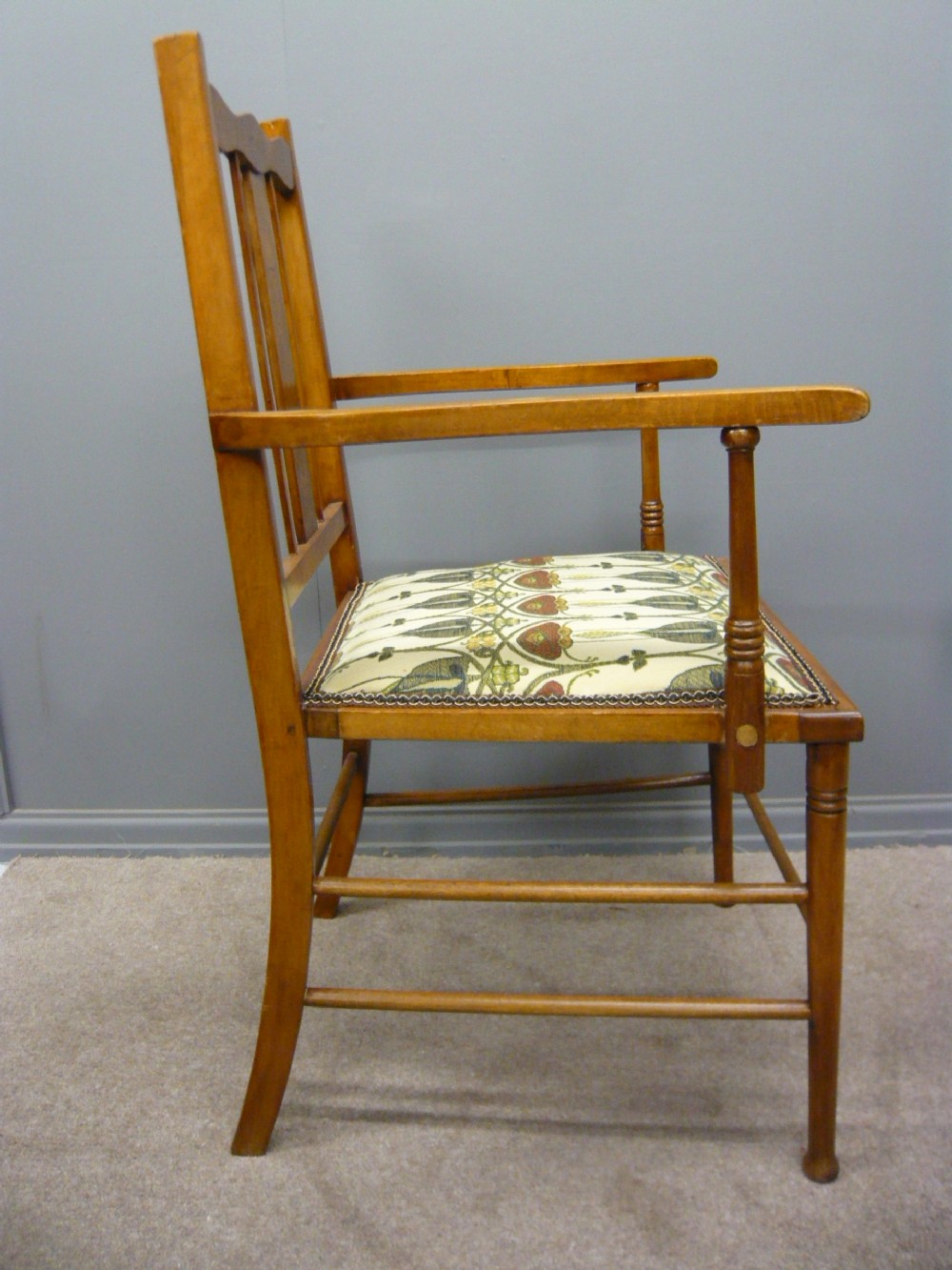 STYLISH ARTS AND CRAFTS SATINWOOD INLAID ELBOW DESK CHAIR C 1890 View VII