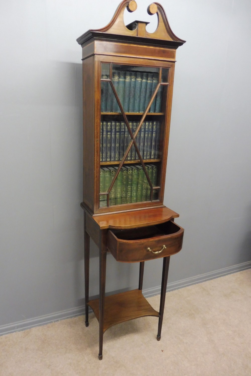 SMALL EDWARDIAN PERIOD MAHOGANY INLAID ALCOVE BOOKCASE  View V