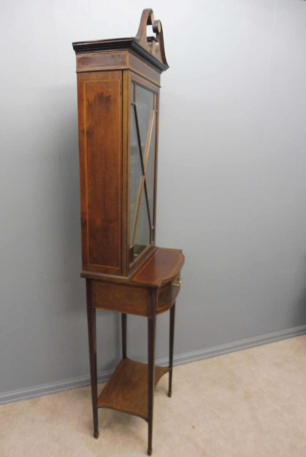 SMALL EDWARDIAN PERIOD MAHOGANY INLAID ALCOVE BOOKCASE  View X