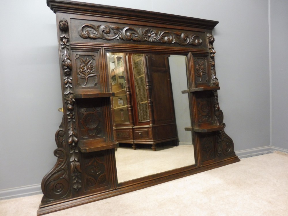 VICTORIAN CARVED OAK OVER MANTLE MIRROR