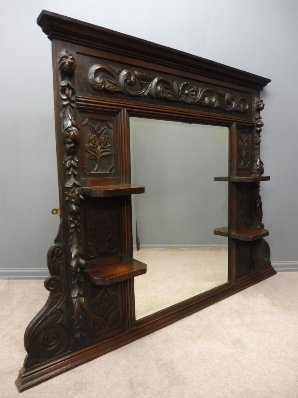VICTORIAN CARVED OAK OVER MANTLE MIRROR View II