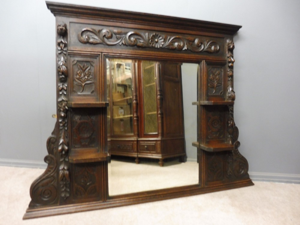 VICTORIAN CARVED OAK OVER MANTLE MIRROR View III