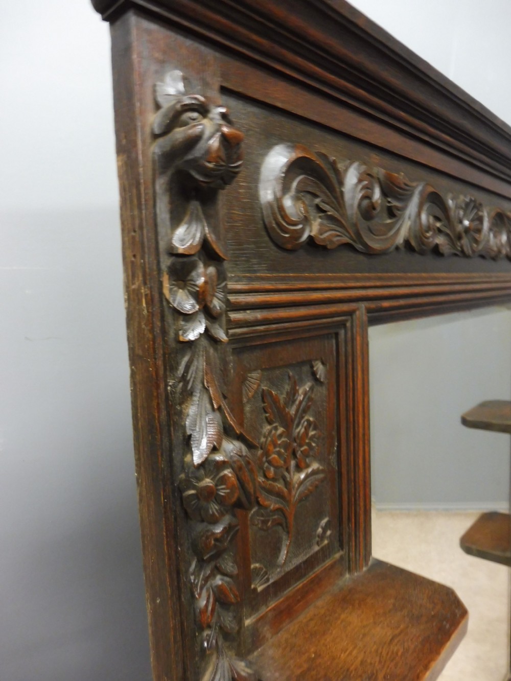 VICTORIAN CARVED OAK OVER MANTLE MIRROR View V