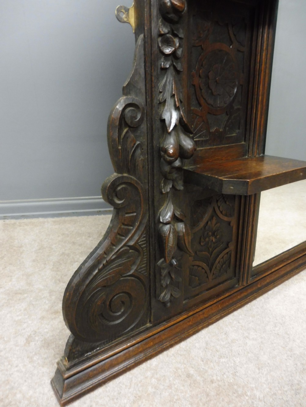 VICTORIAN CARVED OAK OVER MANTLE MIRROR View VI