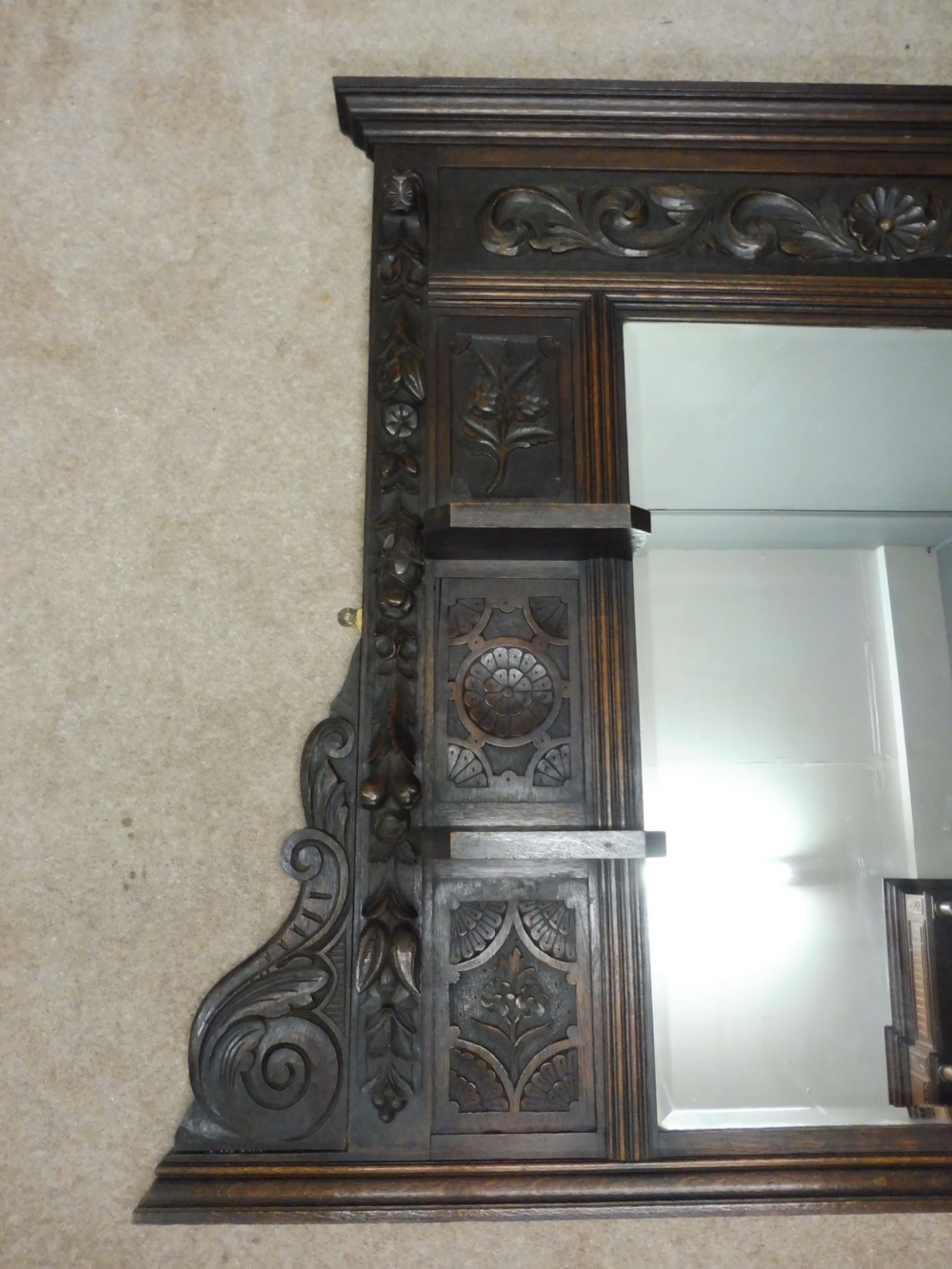 VICTORIAN CARVED OAK OVER MANTLE MIRROR View XII