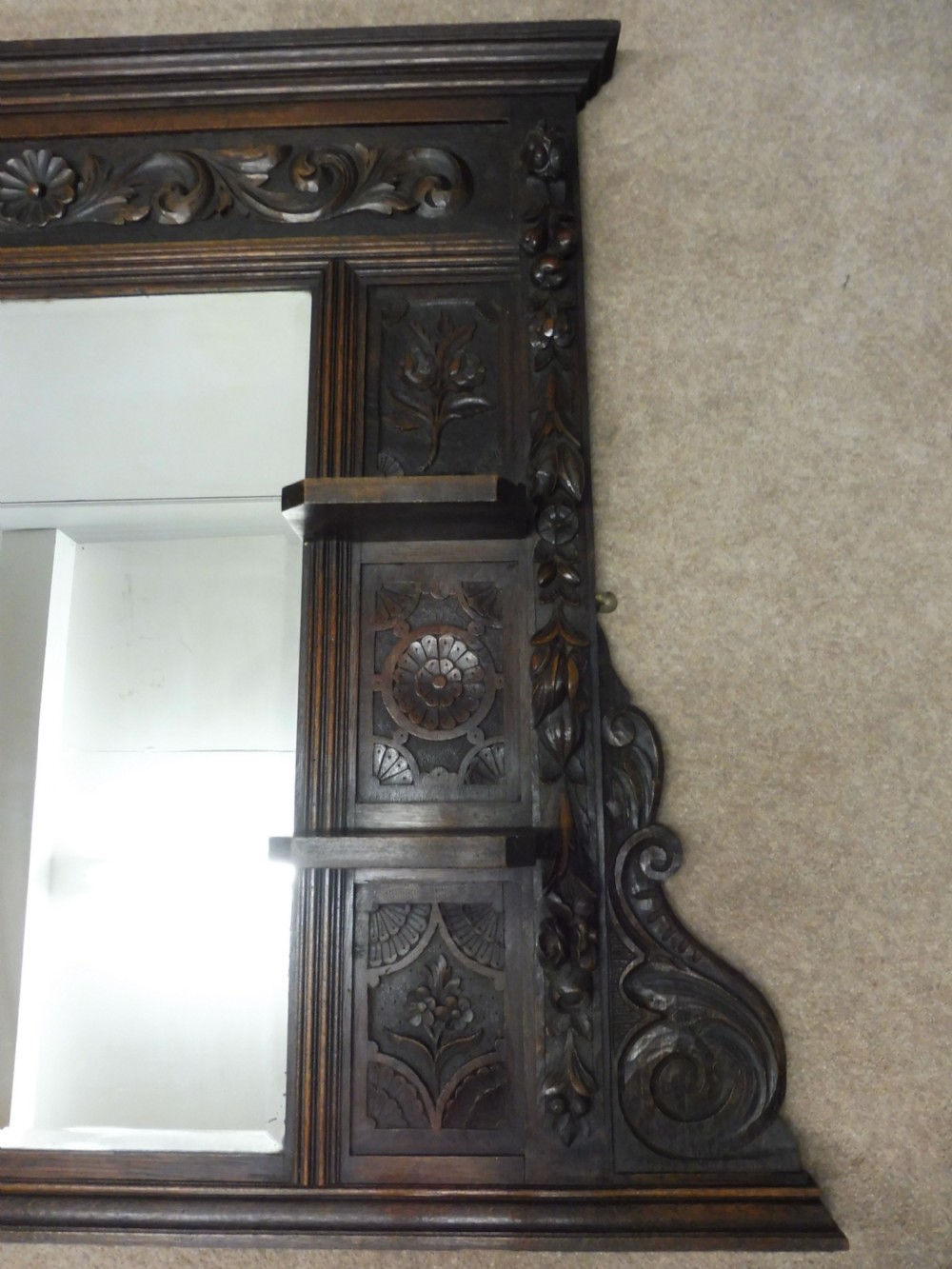 VICTORIAN CARVED OAK OVER MANTLE MIRROR View XIII