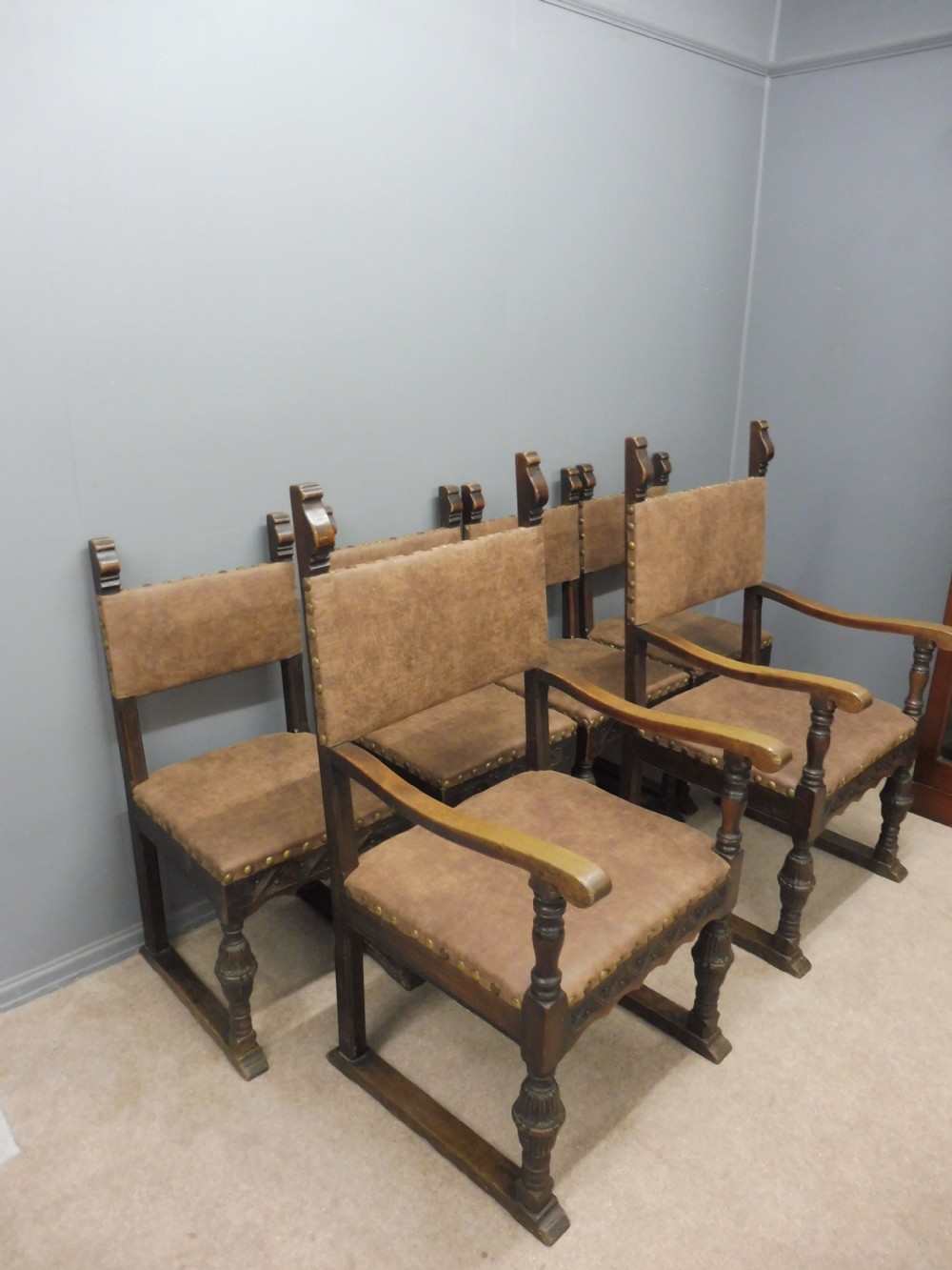 SIX  CARVED OAK BARONIAL STYLE DINING CHAIRS CIRCA 1900 View III