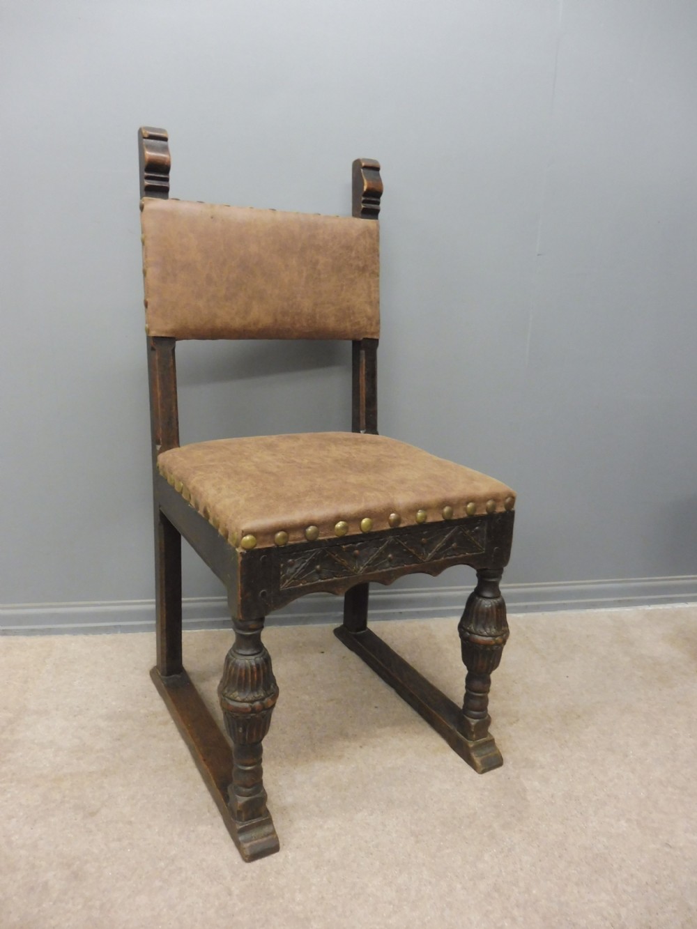 SIX  CARVED OAK BARONIAL STYLE DINING CHAIRS CIRCA 1900 View IX