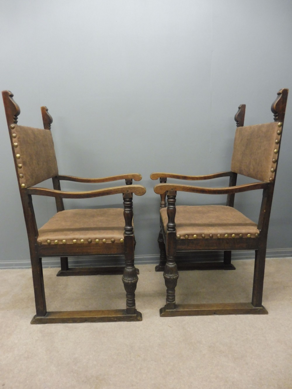 SIX  CARVED OAK BARONIAL STYLE DINING CHAIRS CIRCA 1900 View XII