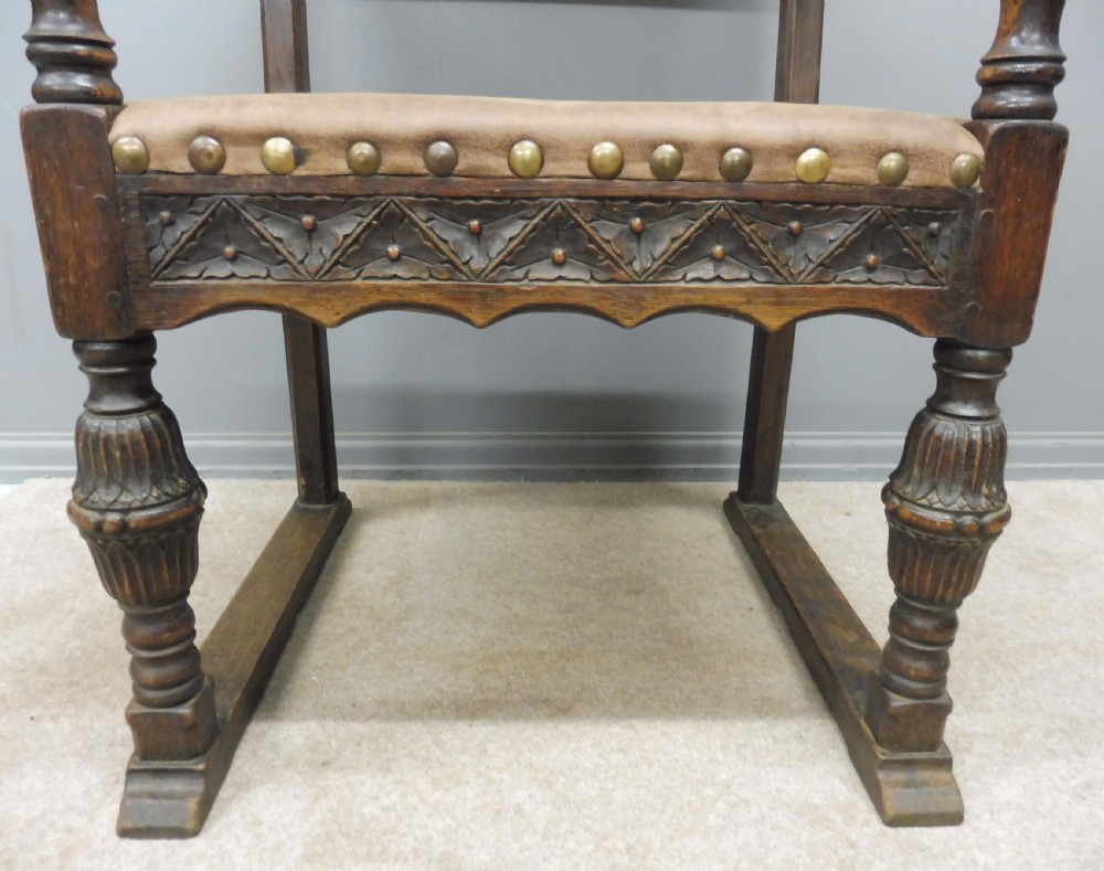 SIX  CARVED OAK BARONIAL STYLE DINING CHAIRS CIRCA 1900 View XV