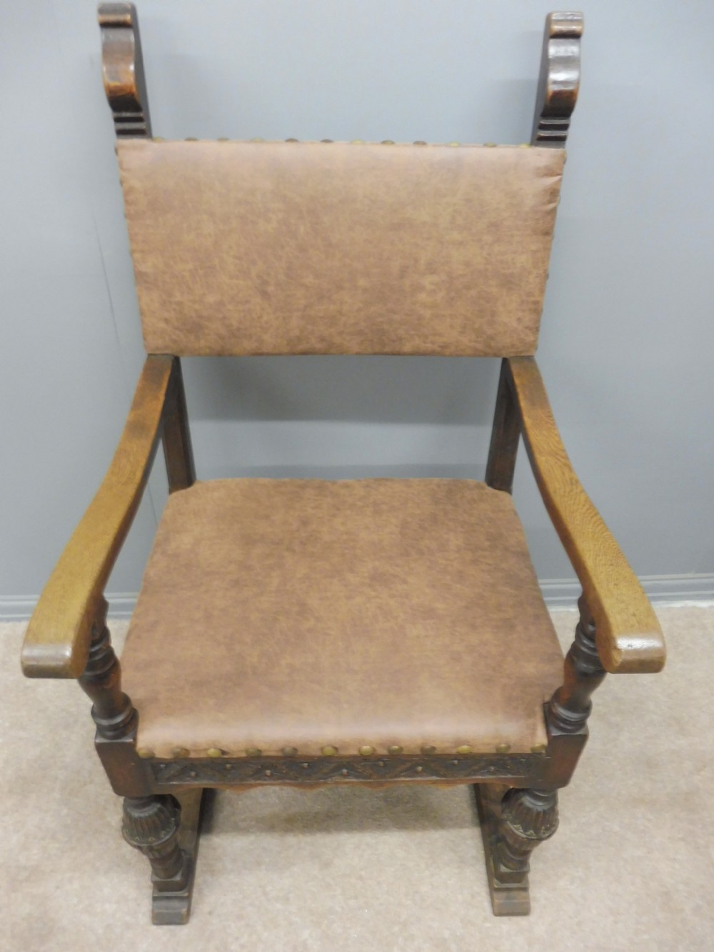 SIX  CARVED OAK BARONIAL STYLE DINING CHAIRS CIRCA 1900 View XVII