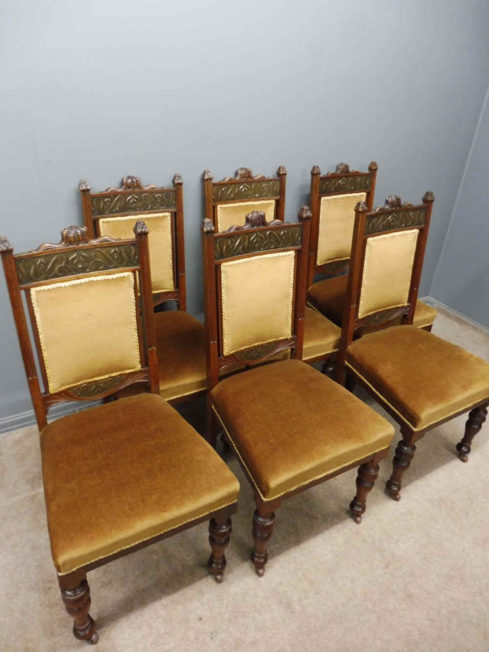 SET OF 6 WALNUT ARTS AND CRAFTS DINING CHAIRS