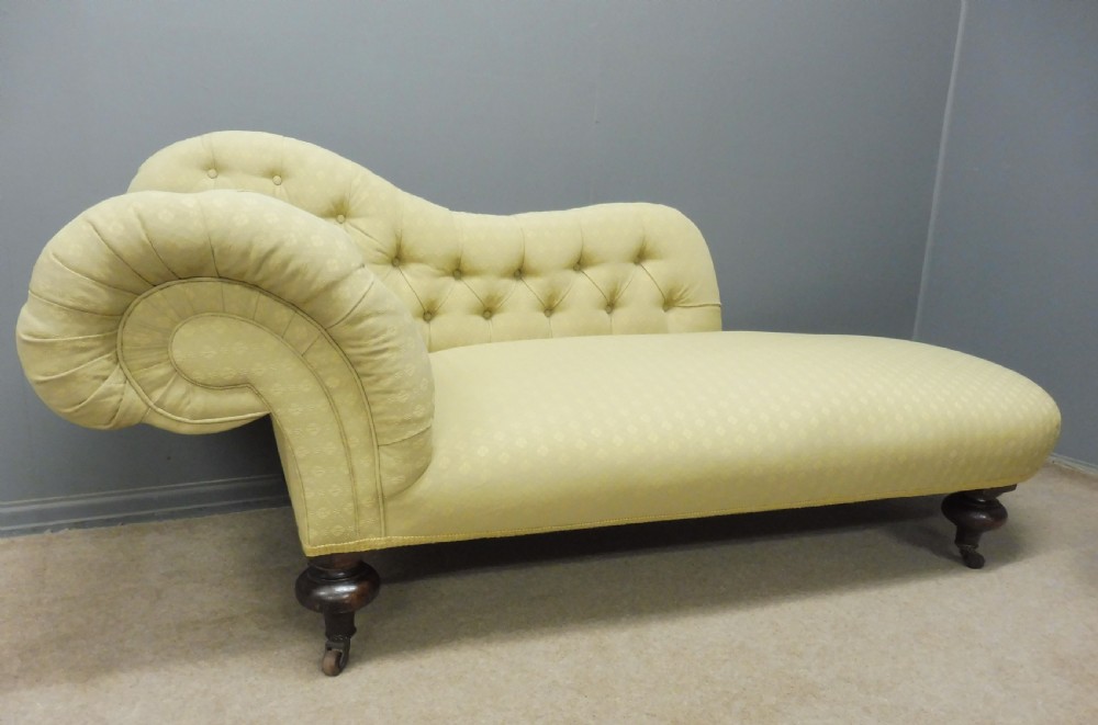 VICTORIAN CHAISE LONGUE SUMPTUOUSLY UPHOLSTERED IN PALE YELLOW View II