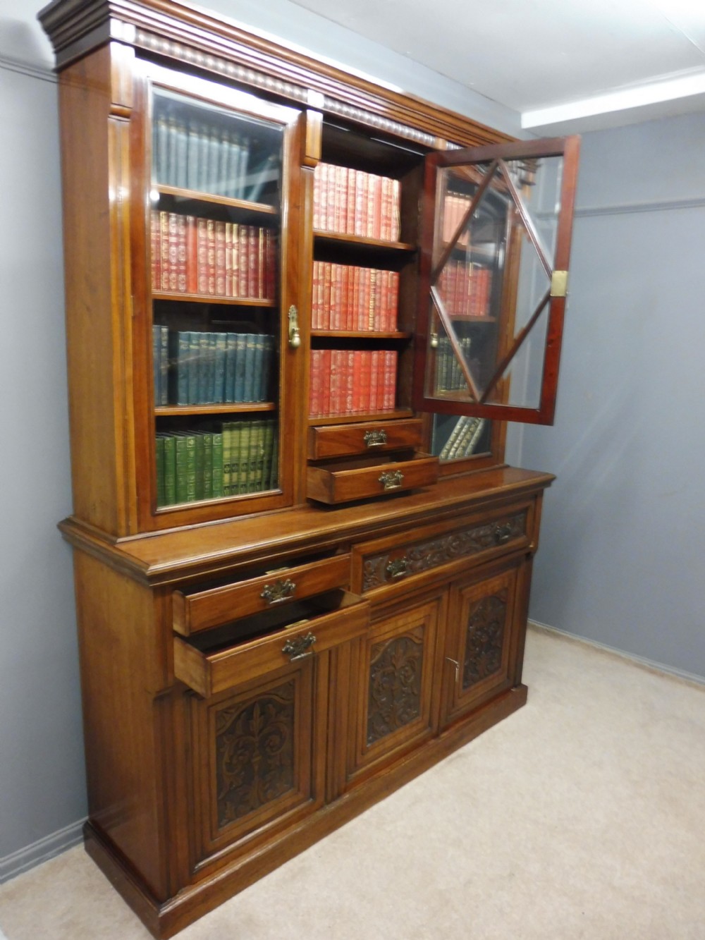 LARGE VICTORIAN MAHOGANY LIBRARY SECRETAIRE BOOKCASE WITH FOLIO CABINET View X