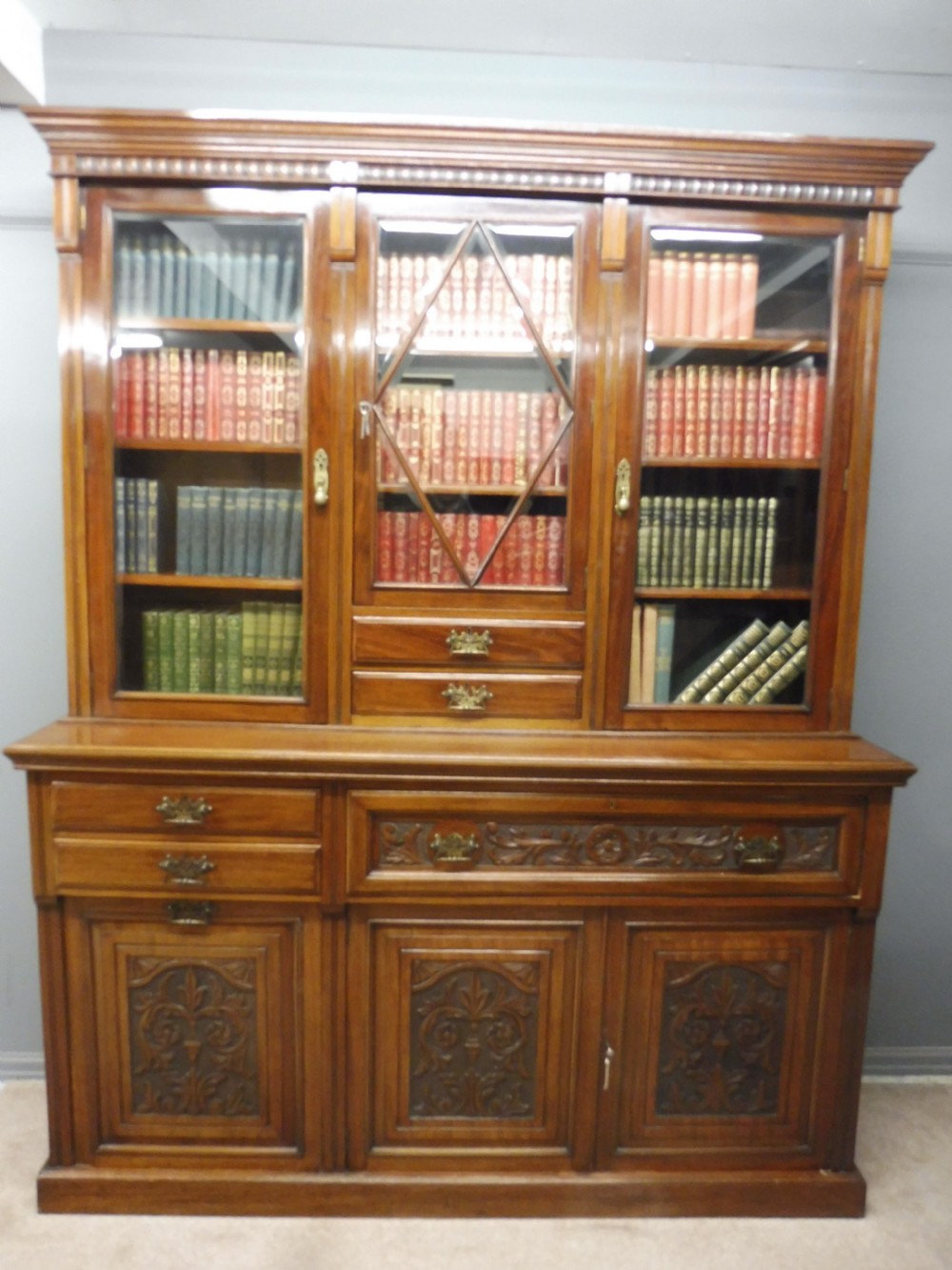 LARGE VICTORIAN MAHOGANY LIBRARY SECRETAIRE BOOKCASE WITH FOLIO CABINET View XVI
