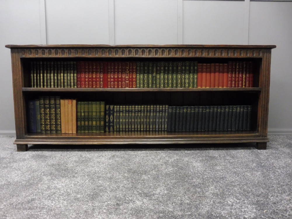 LONG LOW SOLID OAK TUDOR STYLE BOOKCASE