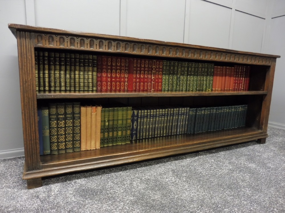 LONG LOW SOLID OAK TUDOR STYLE BOOKCASE View II
