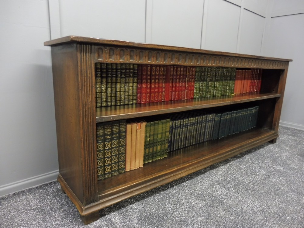LONG LOW SOLID OAK TUDOR STYLE BOOKCASE View III