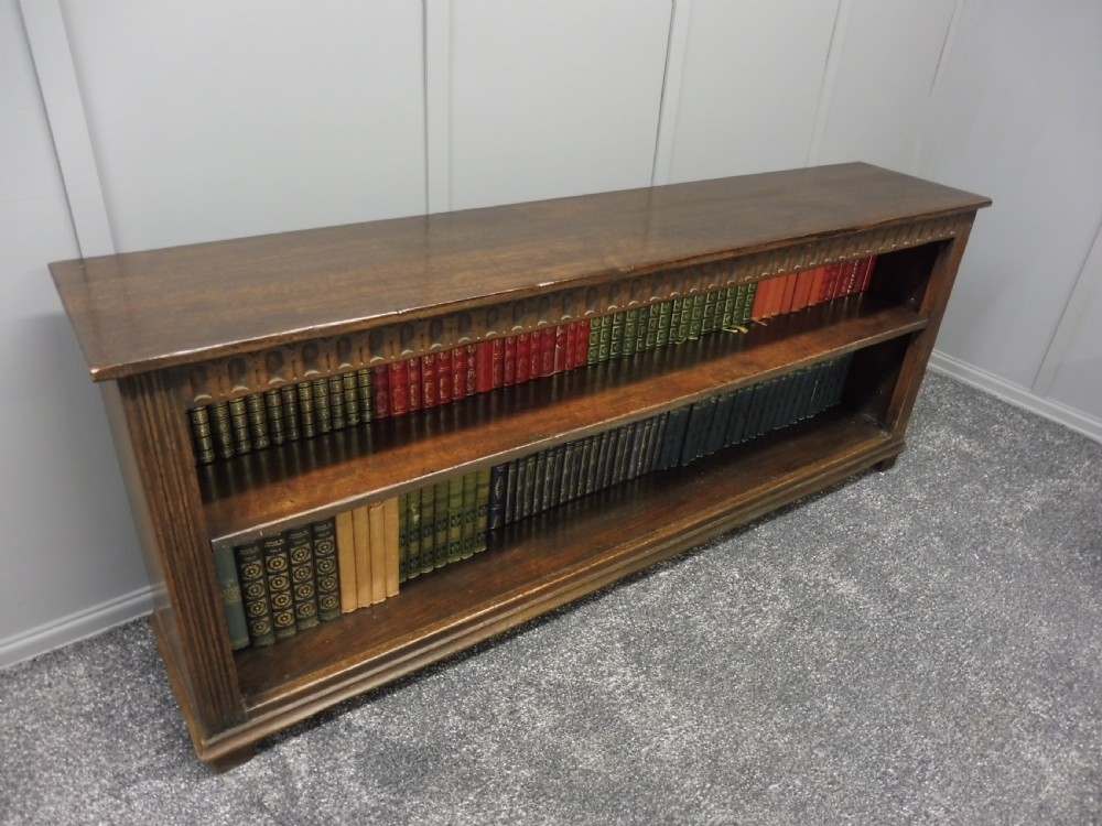 LONG LOW SOLID OAK TUDOR STYLE BOOKCASE View V