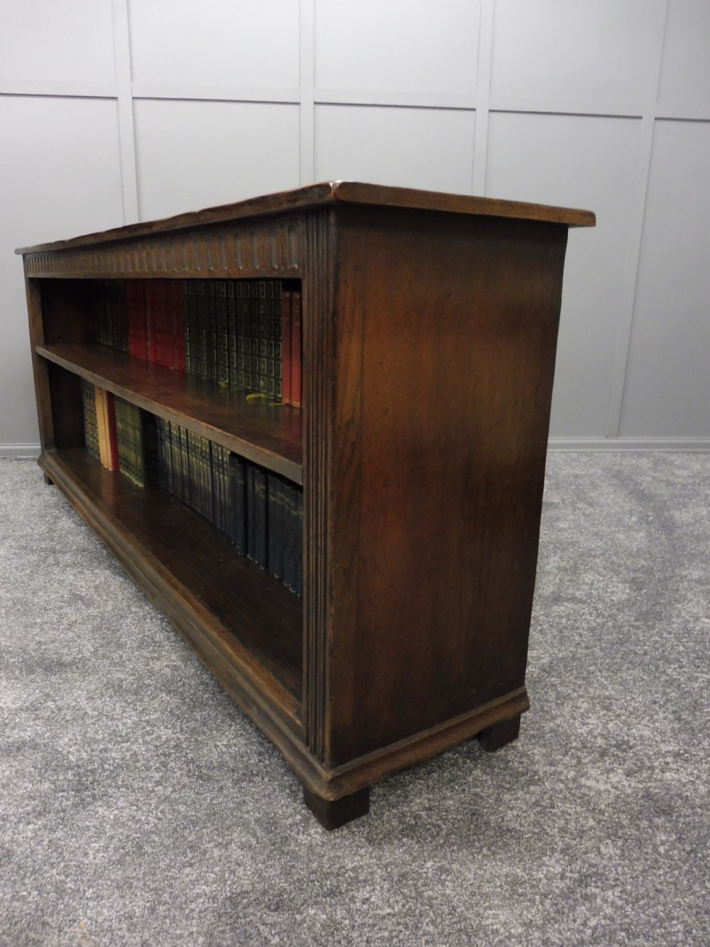 LONG LOW SOLID OAK TUDOR STYLE BOOKCASE View VII