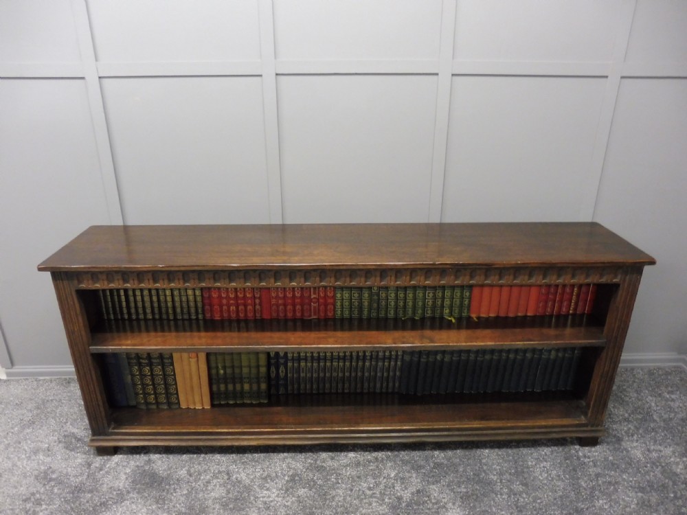LONG LOW SOLID OAK TUDOR STYLE BOOKCASE View VIII