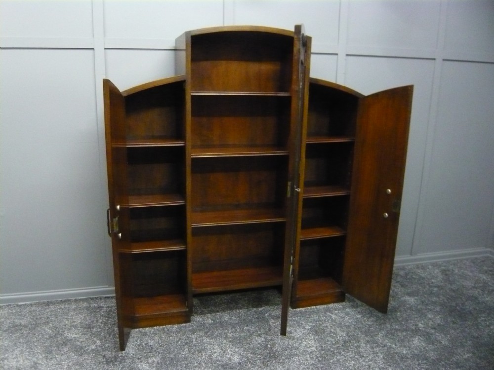 ART DECO c1930 WALNUT 3 DOOR BOOKCASE DISPLAY CABINET View II