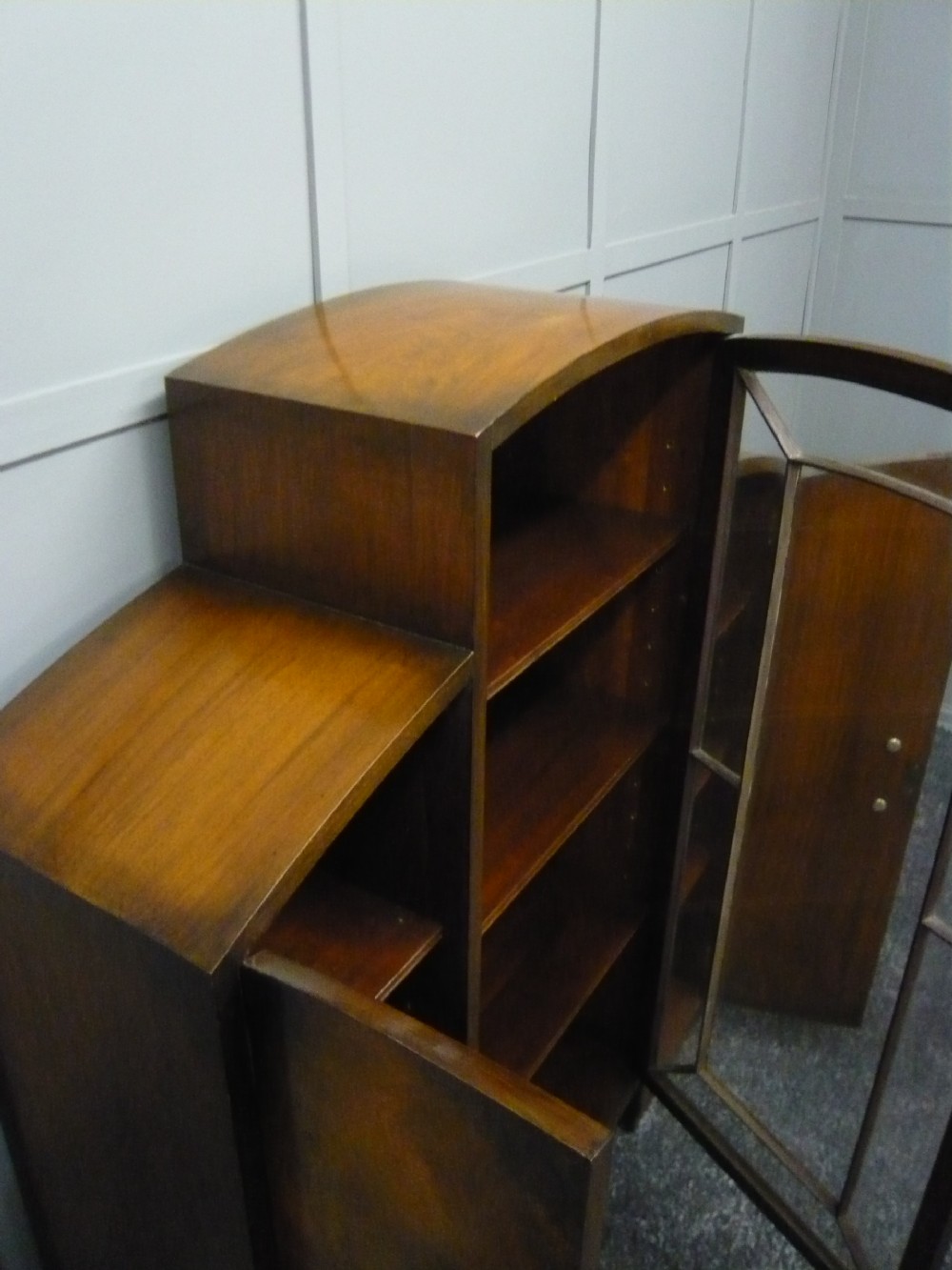 ART DECO c1930 WALNUT 3 DOOR BOOKCASE DISPLAY CABINET View III