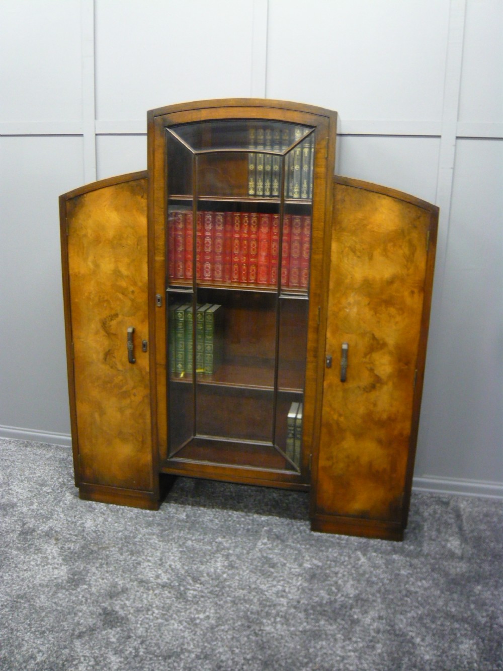 ART DECO c1930 WALNUT 3 DOOR BOOKCASE DISPLAY CABINET View IV
