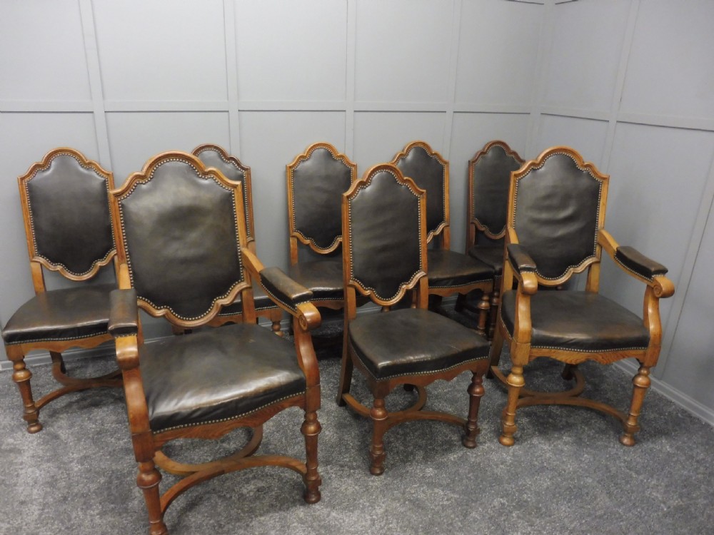SET OF 8 EDWARDIAN OAK AND LEATHER DINING CHAIRS