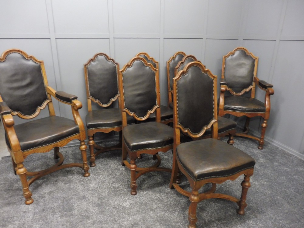 SET OF 8 EDWARDIAN OAK AND LEATHER DINING CHAIRS View III