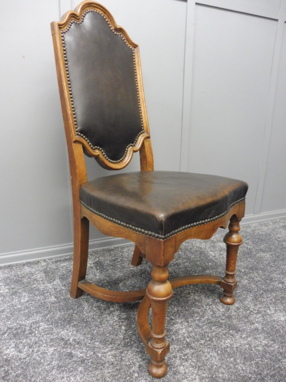 SET OF 8 EDWARDIAN OAK AND LEATHER DINING CHAIRS View XIII