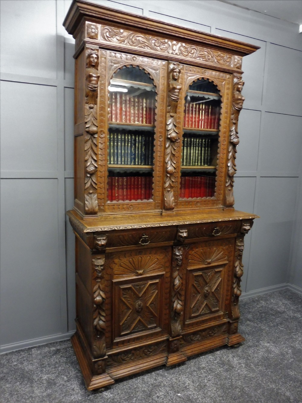CARVED VICTORIAN OAK BOOKCASE