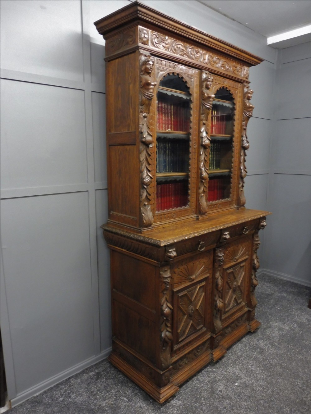 CARVED VICTORIAN OAK BOOKCASE View II