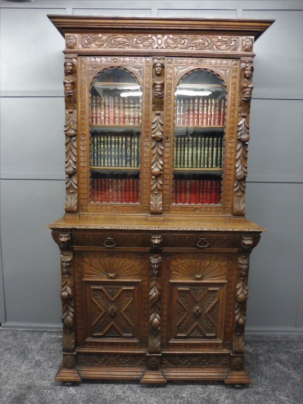 CARVED VICTORIAN OAK BOOKCASE View III