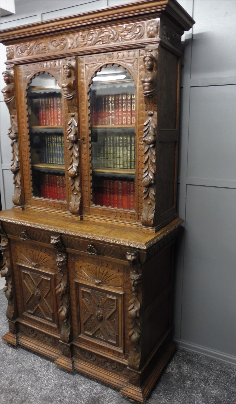 CARVED VICTORIAN OAK BOOKCASE View IV