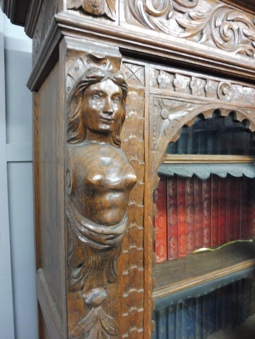 CARVED VICTORIAN OAK BOOKCASE View VIII