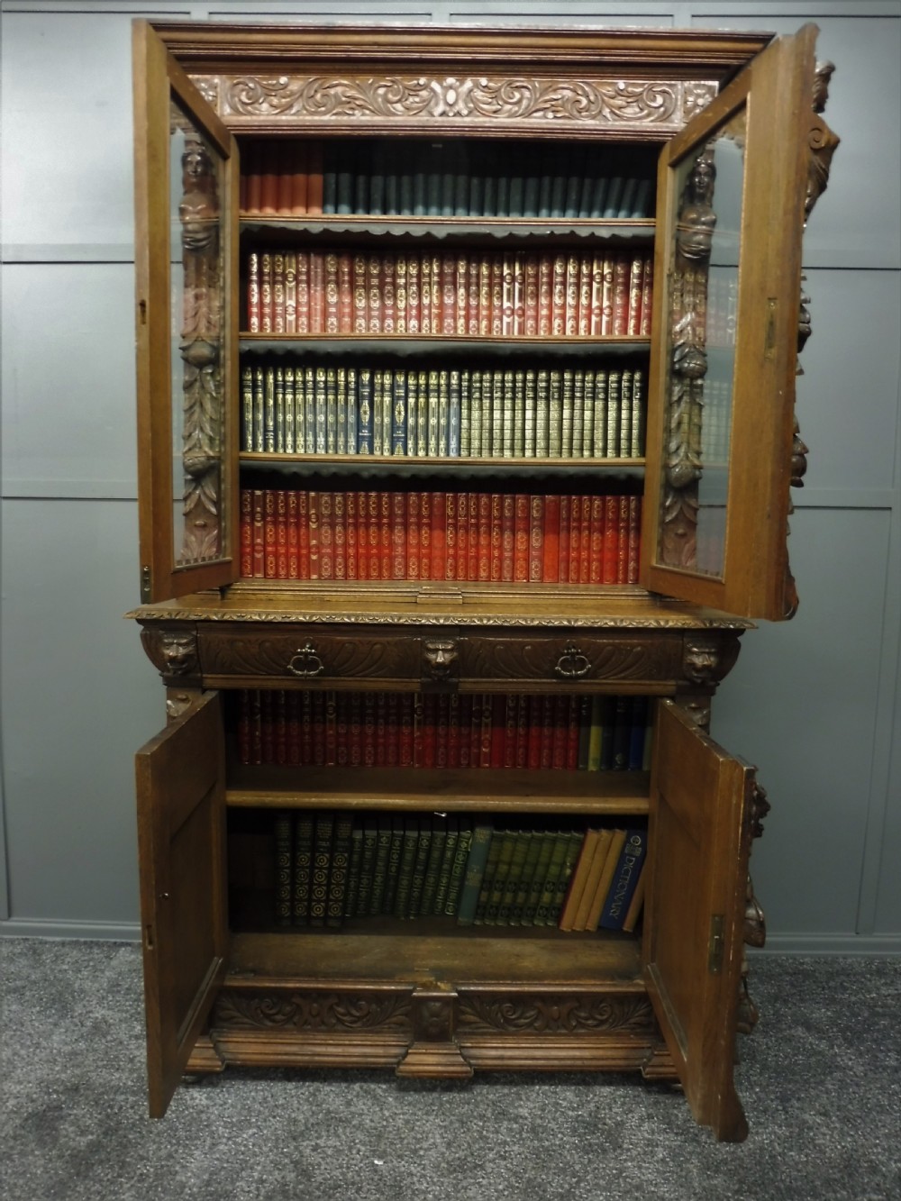 CARVED VICTORIAN OAK BOOKCASE View XIV
